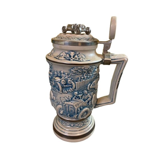 1989 Avon Racing Car Stein Ceramic Pewter Lid Collector Mug w/ Box Vintage  7 in - Picture 4 of 8
